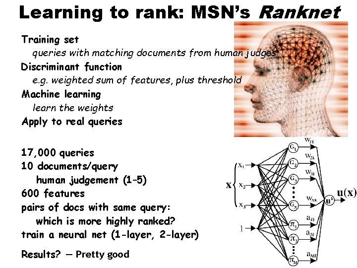 Learning to rank: MSN’s Ranknet Training set queries with matching documents from human judges