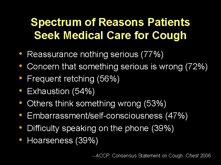 Spectrum of Reasons Patients Seek Medical Care for Cough • • Reassurance nothing serious