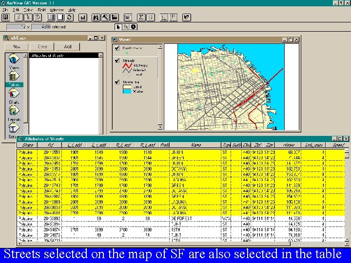 Streets selected on the map of SF are also selected in the table 