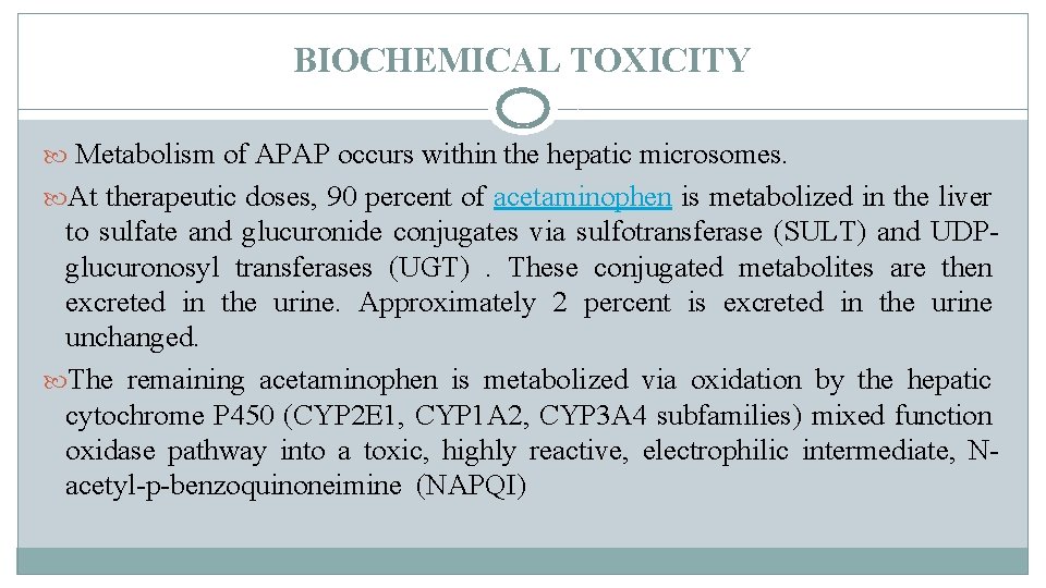 BIOCHEMICAL TOXICITY Metabolism of APAP occurs within the hepatic microsomes. At therapeutic doses, 90 BIOCHEMICAL TOXICITY Metabolism of APAP occurs within the hepatic microsomes. At therapeutic doses, 90