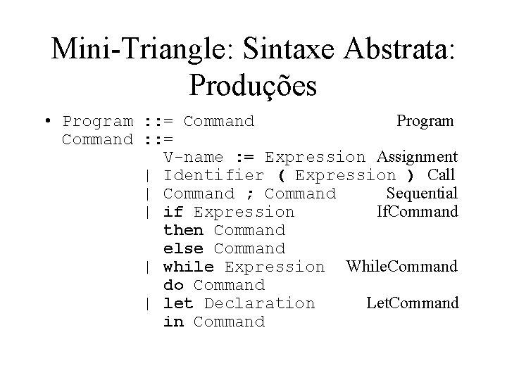 Mini-Triangle: Sintaxe Abstrata: Produções • Program : : = Command Program Command : :