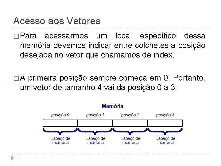 Acesso aos Vetores � Para acessarmos um local específico dessa memória devemos indicar entre