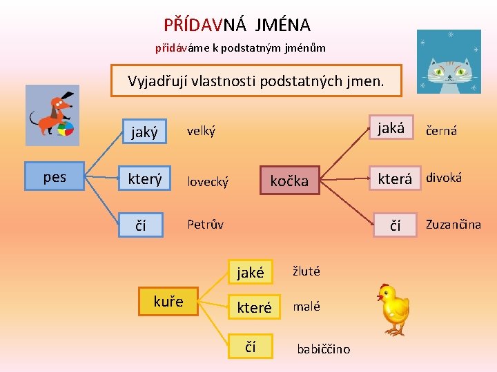 PŘÍDAVNÁ JMÉNA přidáváme k podstatným jménům Vyjadřují vlastnosti podstatných jmen. pes jaký velký který