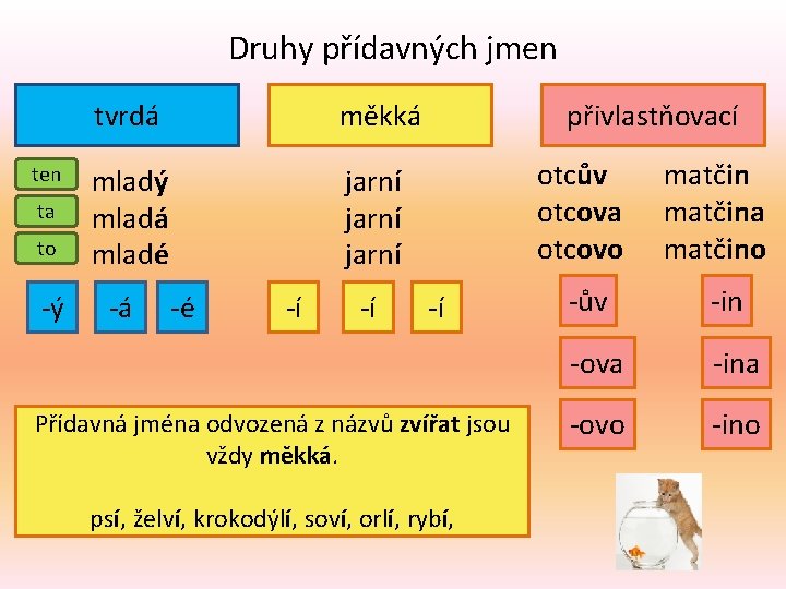 Druhy přídavných jmen ta to -ý tvrdá měkká mladý mladá mladé jarní -á -é