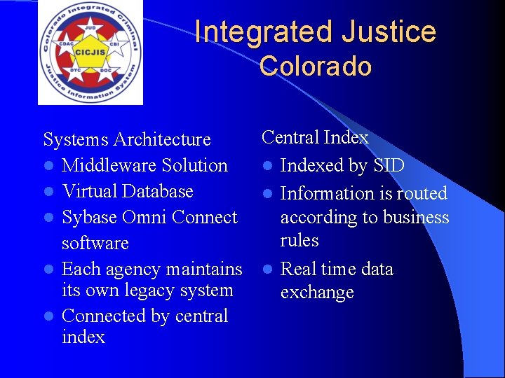 Integrated Justice Colorado Systems Architecture l Middleware Solution l Virtual Database l Sybase Omni