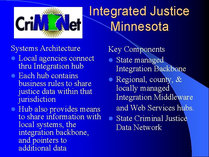 Integrated Justice Minnesota Systems Architecture l Local agencies connect thru Integration hub l Each