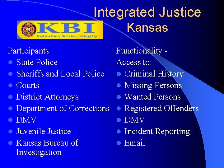 Integrated Justice Kansas Participants l State Police l Sheriffs and Local Police l Courts