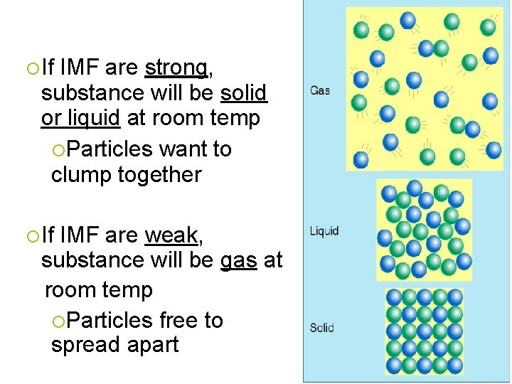  If IMF are strong, substance will be solid or liquid at room temp
