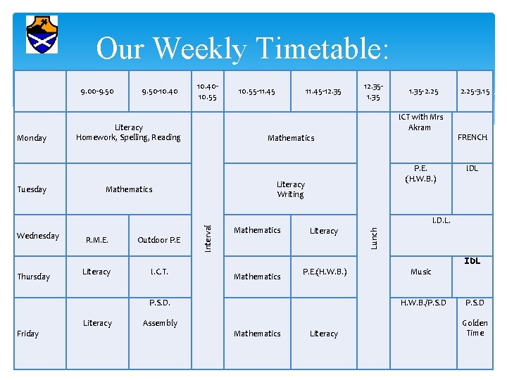 Our Weekly Timetable: Tuesday Wednesday Thursday Friday 9. 50 -10. 4010. 55 Literacy I.