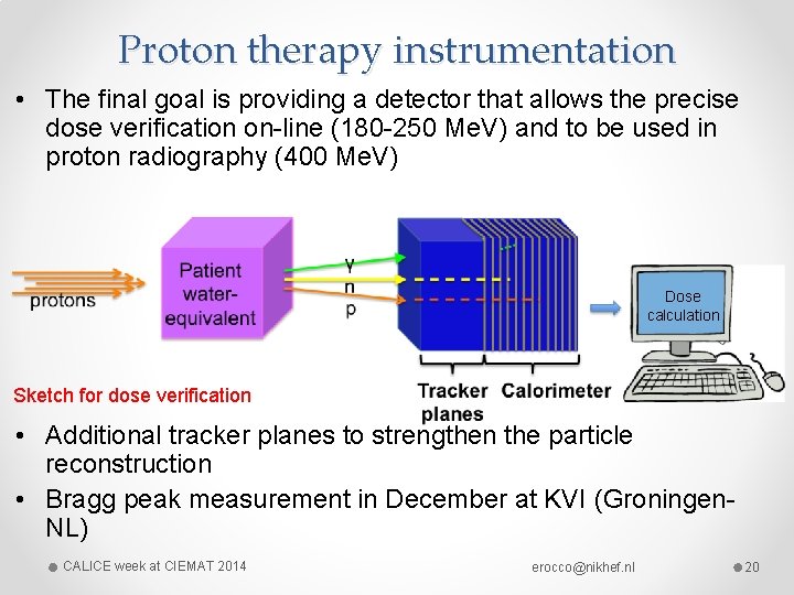 Proton therapy instrumentation • The final goal is providing a detector that allows the Proton therapy instrumentation • The final goal is providing a detector that allows the