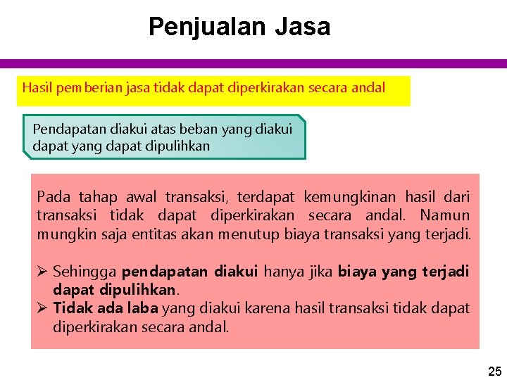 Penjualan Jasa Hasil pemberian jasa tidak dapat diperkirakan secara andal Pendapatan diakui atas beban