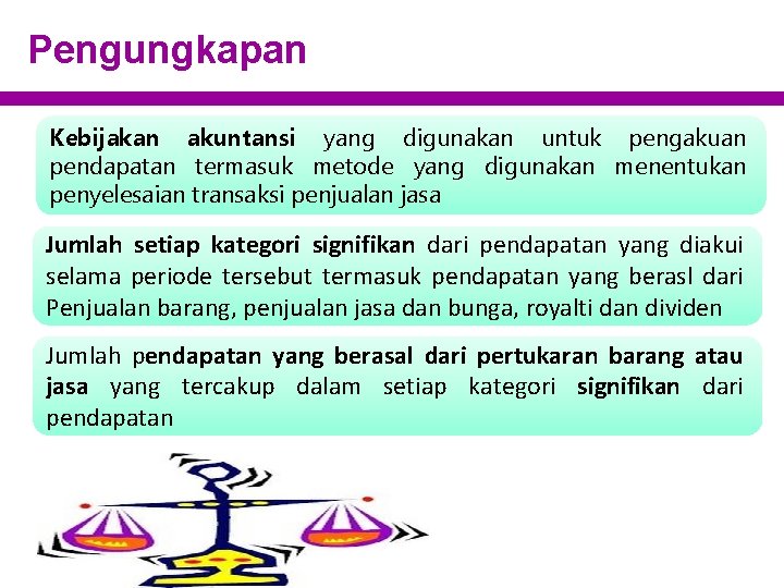 Pengungkapan Kebijakan akuntansi yang digunakan untuk pengakuan pendapatan termasuk metode yang digunakan menentukan penyelesaian