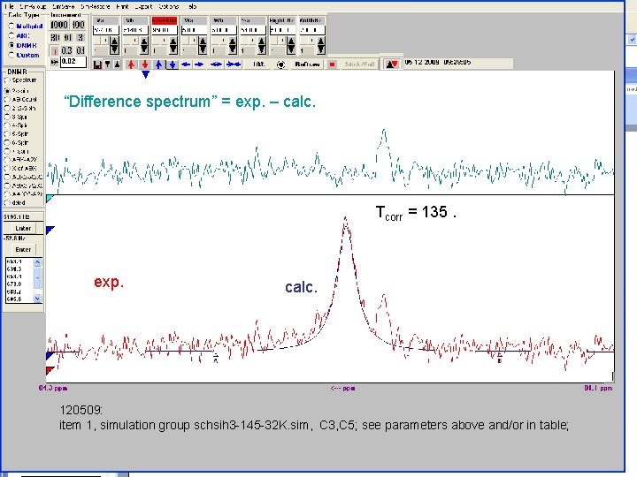“Difference spectrum” = exp. – calc. Tcorr = 135. exp. calc. 120509: item 1,