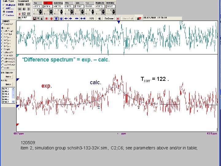 “Difference spectrum” = exp. – calc. exp. calc. Tcorr = 122. 120509: item 2,