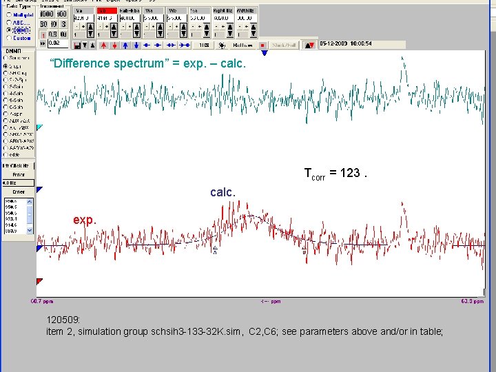 “Difference spectrum” = exp. – calc. Tcorr = 123. calc. exp. 120509: item 2,