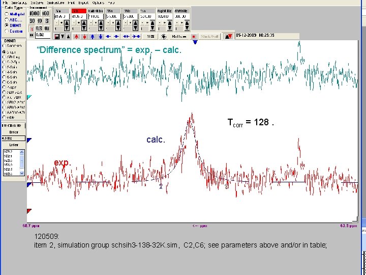 “Difference spectrum” = exp. – calc. Tcorr = 128. calc. exp. 120509: item 2,