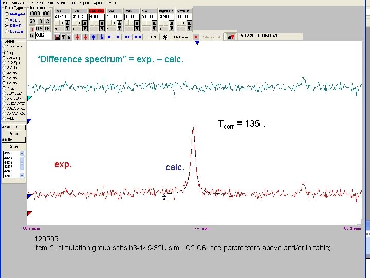 “Difference spectrum” = exp. – calc. Tcorr = 135. exp. calc. 120509: item 2,