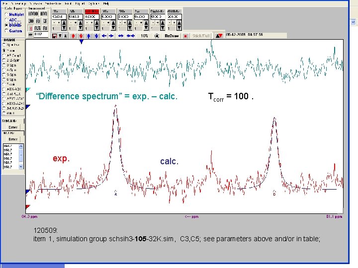“Difference spectrum” = exp. – calc. exp. Tcorr = 100. calc. 120509: item 1,