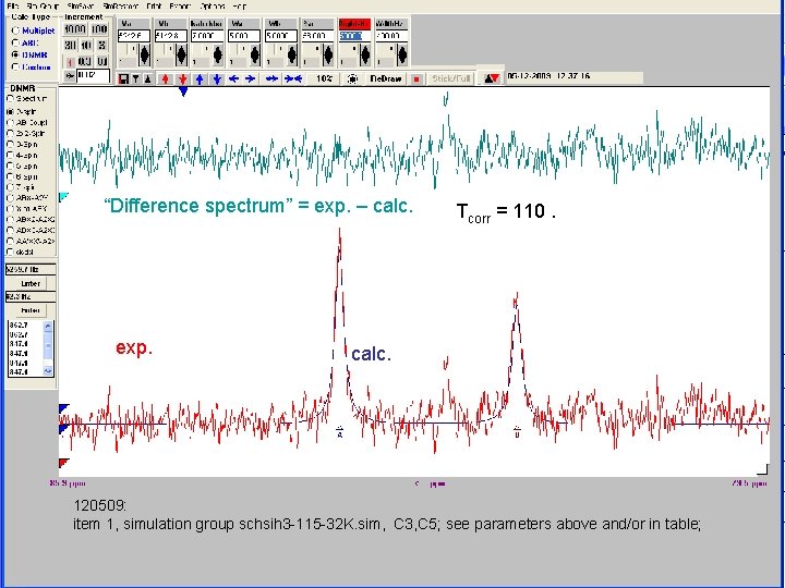 “Difference spectrum” = exp. – calc. exp. Tcorr = 110. calc. 120509: item 1,