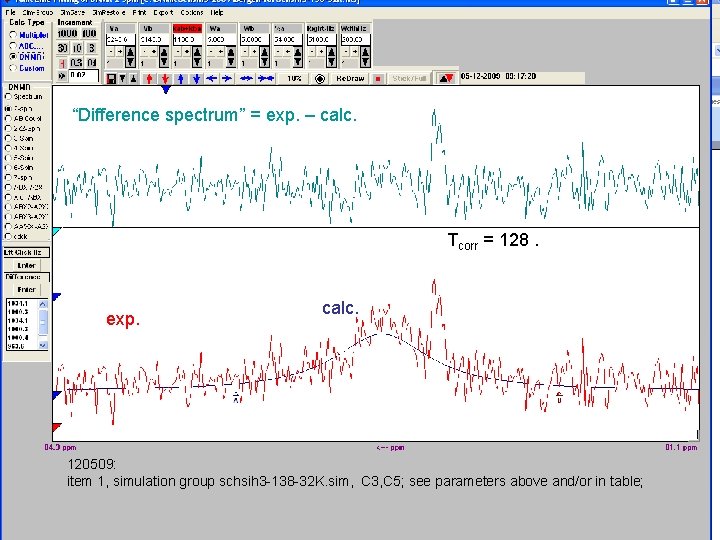 “Difference spectrum” = exp. – calc. Tcorr = 128. exp. calc. 120509: item 1,