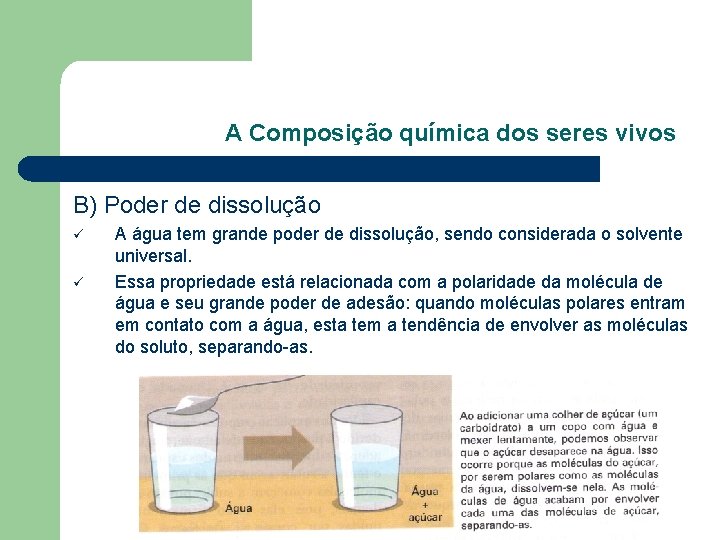 A Composição química dos seres vivos B) Poder de dissolução ü ü A água A Composição química dos seres vivos B) Poder de dissolução ü ü A água