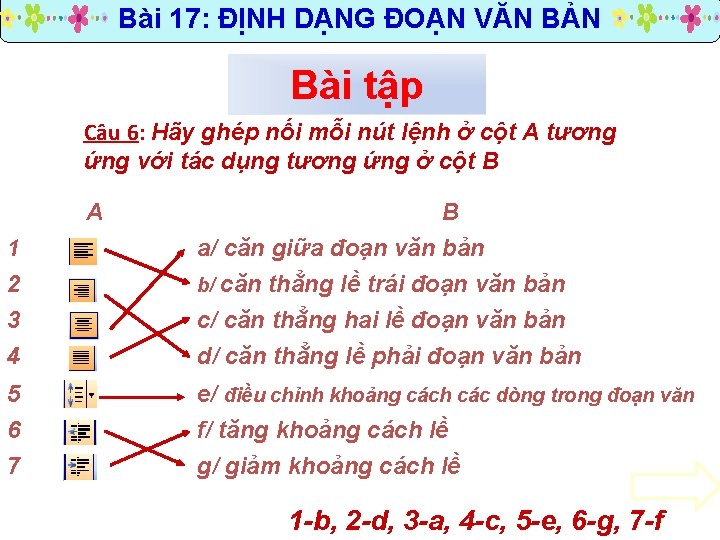 Bài 17: ĐỊNH DẠNG ĐOẠN VĂN BẢN Bài tập Câu 6: Hãy ghép nối