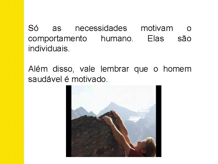 Só as necessidades motivam o comportamento humano. Elas são individuais. Além disso, vale lembrar