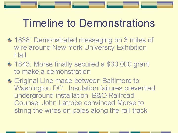 Timeline to Demonstrations 1838: Demonstrated messaging on 3 miles of wire around New York