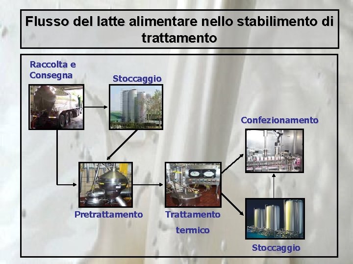 Flusso del latte alimentare nello stabilimento di trattamento Raccolta e Consegna Stoccaggio Confezionamento Pretrattamento