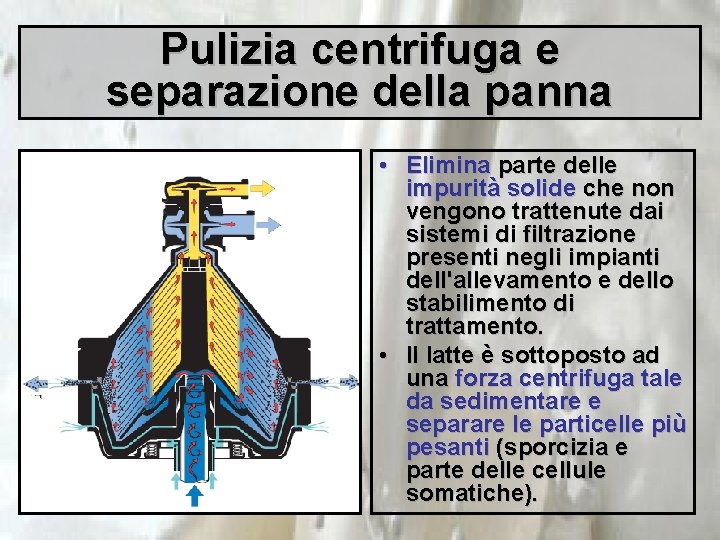 Pulizia centrifuga e separazione della panna • Elimina parte delle impurità solide che non