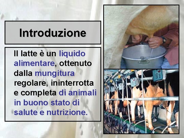 Introduzione Il latte è un liquido alimentare, ottenuto dalla mungitura regolare, ininterrotta e completa