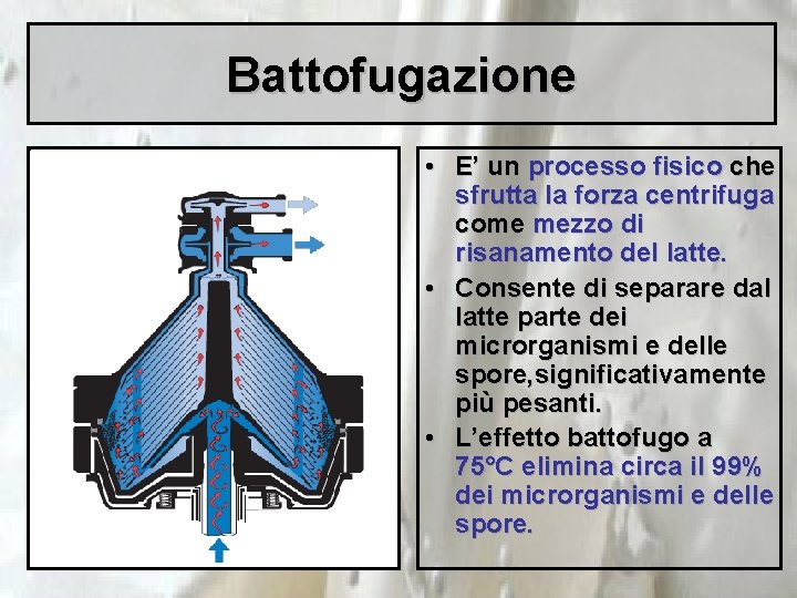 Battofugazione • E’ un processo fisico che sfrutta la forza centrifuga come mezzo di