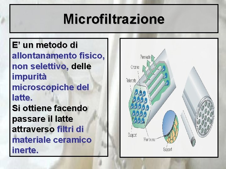 Microfiltrazione E’ un metodo di allontanamento fisico, non selettivo, delle impurità microscopiche del latte.