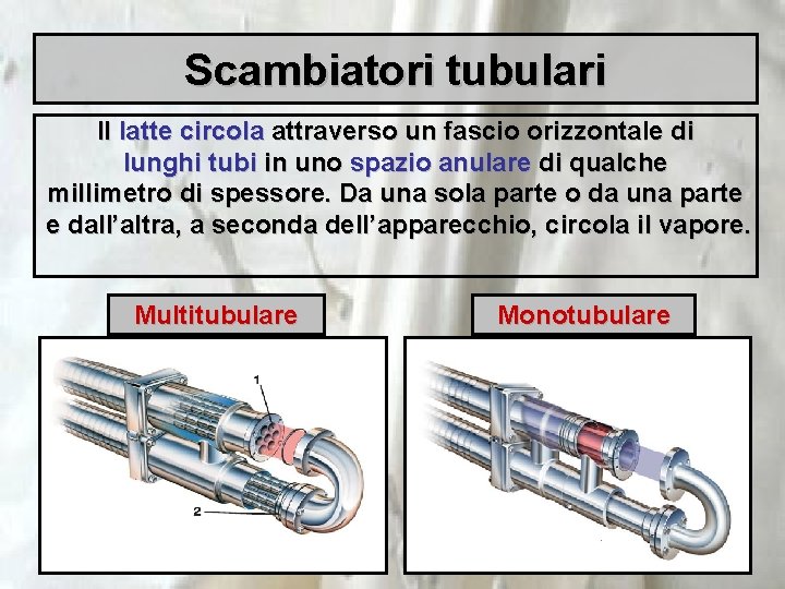 Scambiatori tubulari Il latte circola attraverso un fascio orizzontale di lunghi tubi in uno