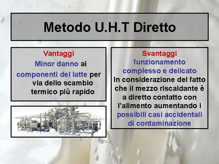 Metodo U. H. T Diretto Vantaggi Minor danno ai componenti del latte per via