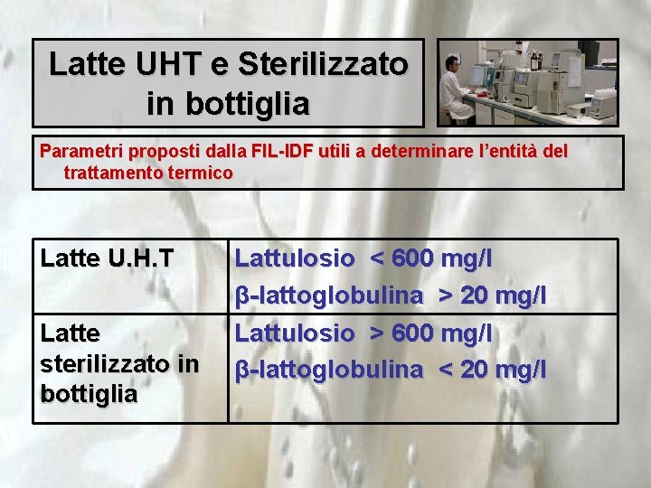 Latte UHT e Sterilizzato in bottiglia Parametri proposti dalla FIL-IDF utili a determinare l’entità