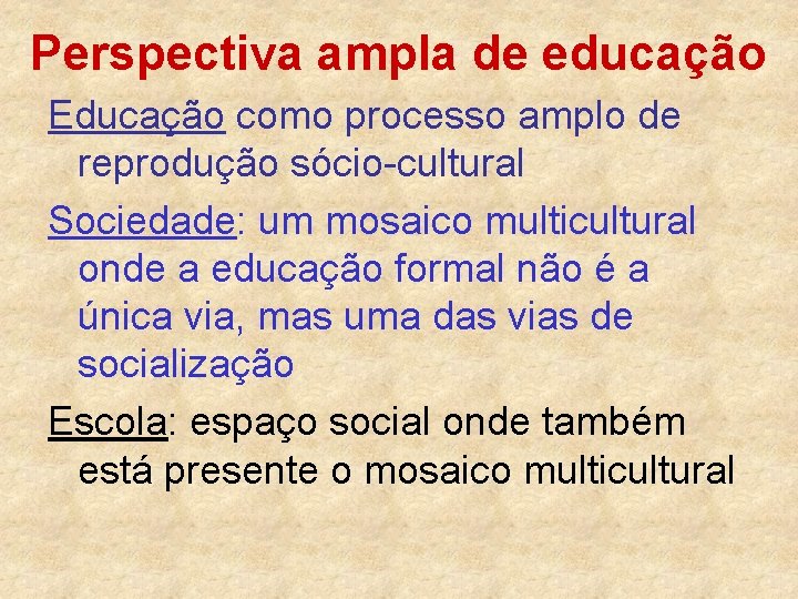 Perspectiva ampla de educação Educação como processo amplo de reprodução sócio-cultural Sociedade: um mosaico