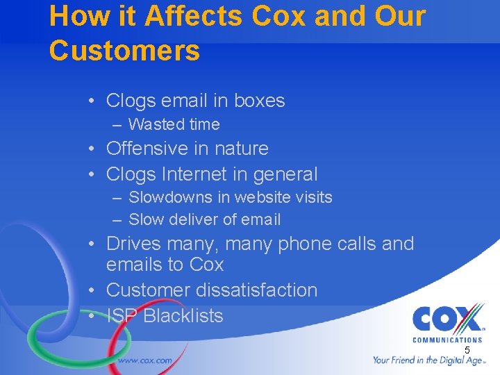 How it Affects Cox and Our Customers • Clogs email in boxes – Wasted