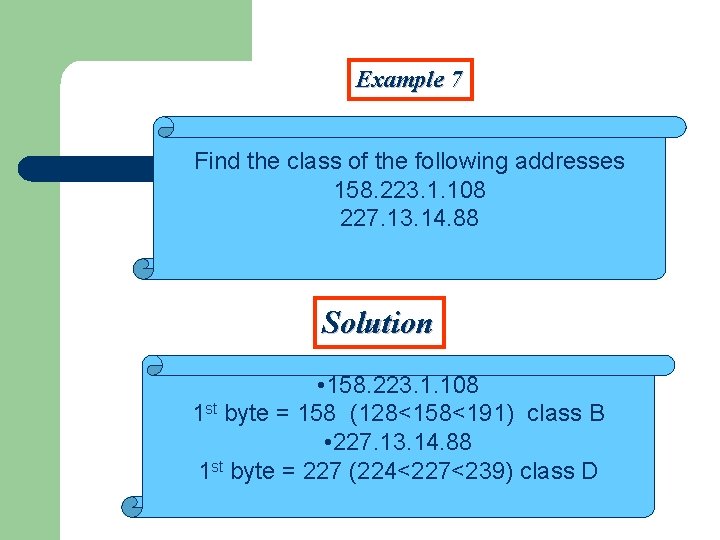 Example 7 Find the class of the following addresses 158. 223. 1. 108 227.