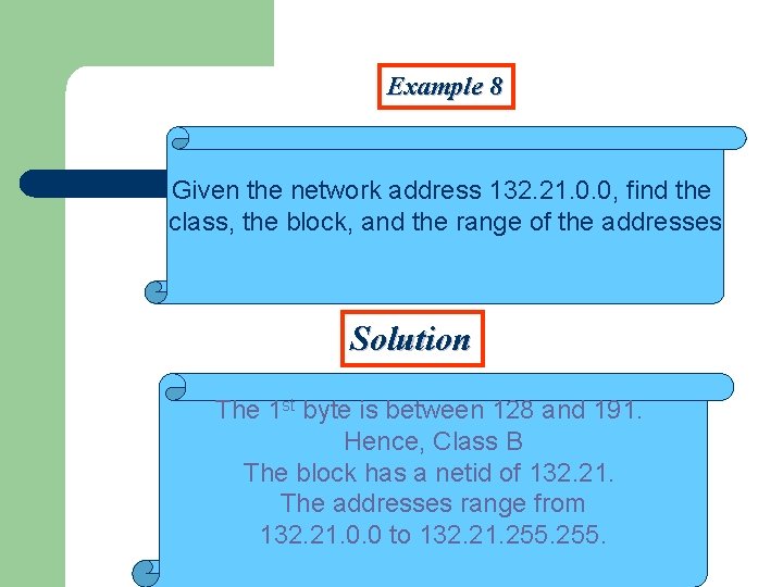 Example 8 Given the network address 132. 21. 0. 0, find the class, the