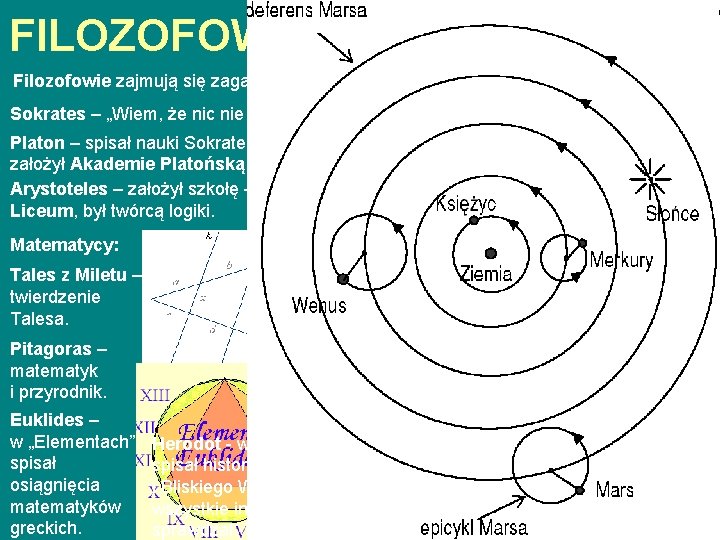 FILOZOFOWIE I WYNALAZCY Filozofowie zajmują się zagadnieniami dotyczącymi natury świata i człowieka. Sokrates –