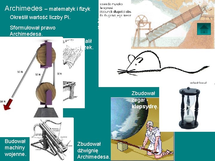 Archimedes – matematyk i fizyk Określił wartość liczby Pi. Zbudował śrubę wodną. Sformułował prawo