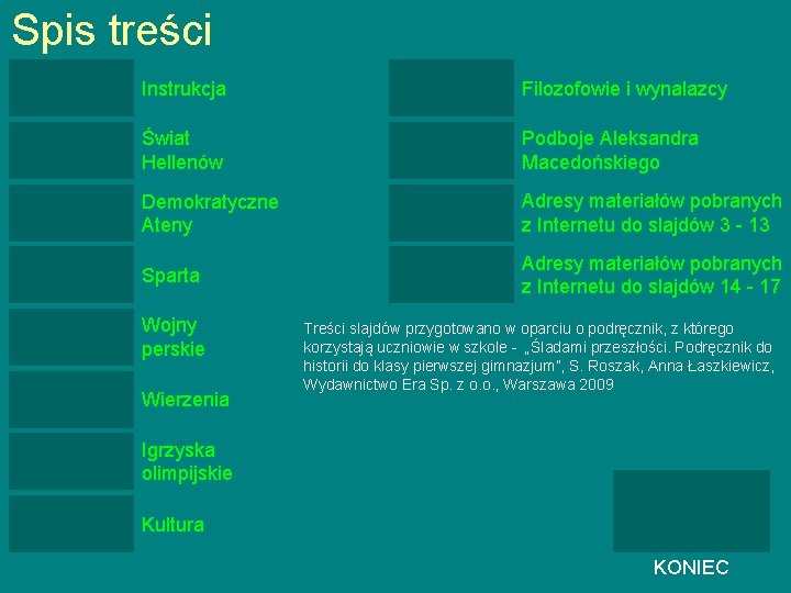 Spis treści Instrukcja Filozofowie i wynalazcy Świat Hellenów Podboje Aleksandra Macedońskiego Demokratyczne Ateny Adresy