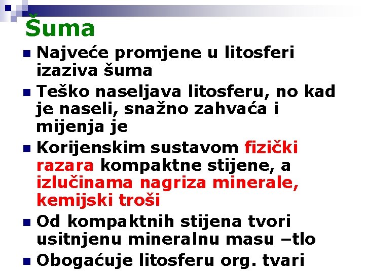 Šuma Najveće promjene u litosferi izaziva šuma n Teško naseljava litosferu, no kad je