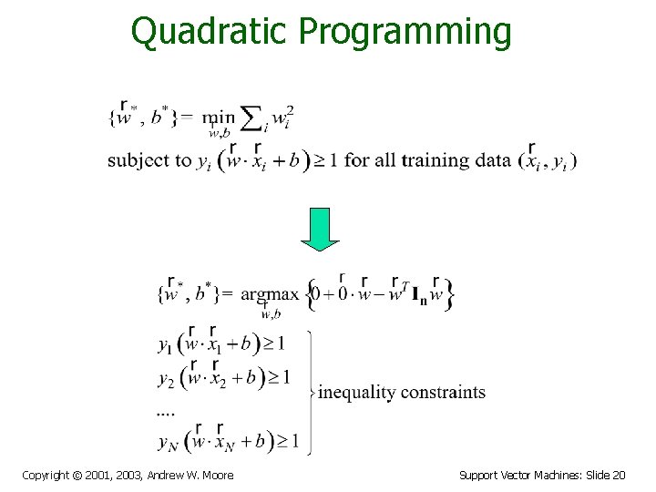 Quadratic Programming Copyright © 2001, 2003, Andrew W. Moore Support Vector Machines: Slide 20