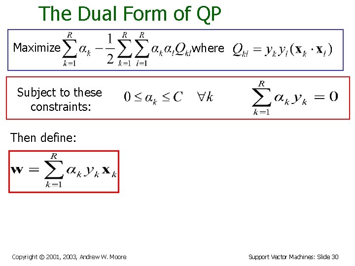 The Dual Form of QP Maximize where Subject to these constraints: Then define: Copyright