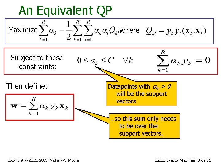 An Equivalent QP Maximize where Subject to these constraints: Then define: Datapoints with ak