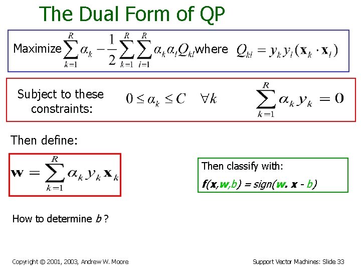 The Dual Form of QP Maximize where Subject to these constraints: Then define: Then