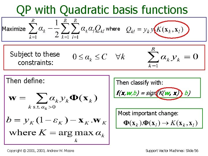 QP with Quadratic basis functions Maximize where Subject to these constraints: Then define: Then