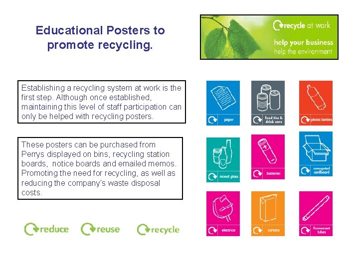 Educational Posters to promote recycling. Establishing a recycling system at work is the first